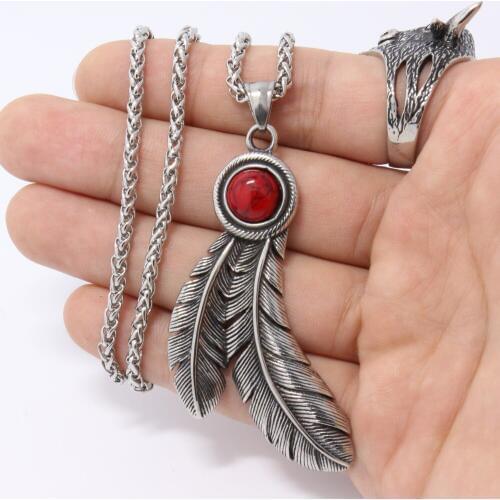 2017 Stainless Steel Feather Pendant Necklace With Red Stone Leaf Jewerly Mens Feather Pendant - Free shipping