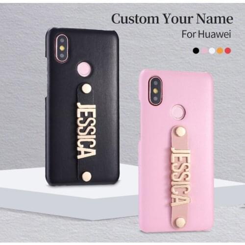Personalise Leather Initial Name Phone Case For Huawei Honor Mate 10 20 P20 P30 Pro Lite Holding Strap Gold Metal Phone Coque