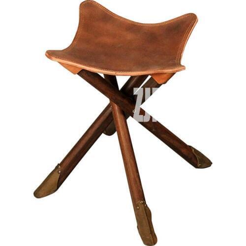 Handmade Retro Portable Foldable Fishing Wooden Chair Cowhide 100% Genuine Leather Wood Rectangle Beach Chair Outdoor Stool