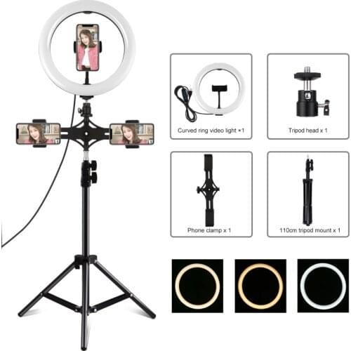 PULUZ 1.1m Tripod Mount Dual Phone Bracket USB Dimmable Temperature LED Curved Diffuse Light Ring Selfie Photography Video Light