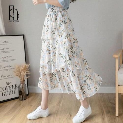 Luck A Summer Chiffon Print Floral Skirt Women Korean Ruffles A-Line Elegant Midi Skirt Irregular High Waist Casual Skirt 2021