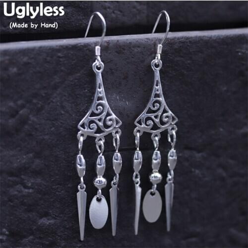 Uglyless Real S925 Sterling Silver Women Bohemian Dangle Earrings Vintage Ethnic Nails Tassel Brincos Handmade Hollow Fine Jewel