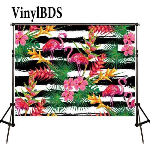 VinylBDS Black and White Striped Background Pink Cartoon Flamingo Backdrops Children Flowers Green Leaves Backdrop for Studio