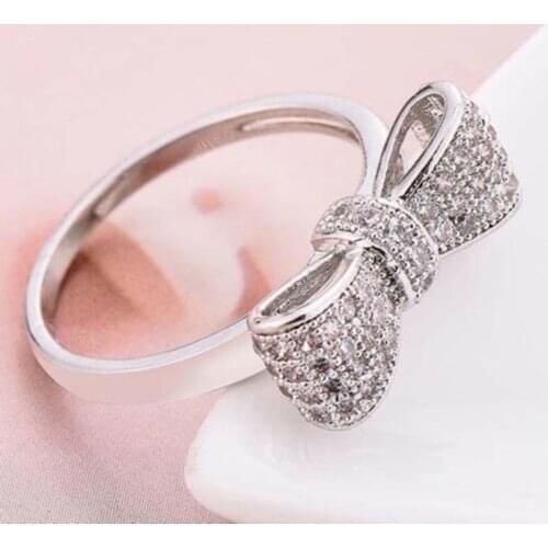 High Quality Temperament Zircon Crystal Bow Banquet Ring for Women Girl Engagement Party Rings Jewelry Accessories Size 6-10