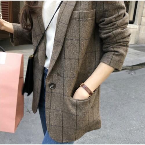 Obrix Casual Style Female Jacket Office Lady Single Button Full Sleeve Pockets Streetwear Plaid Suit Jacket For Women