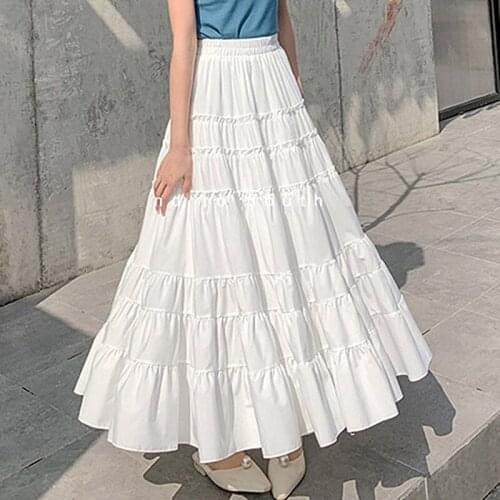 2021 Summer Skirts Women Fashion Cute Frilly Stitching High Waist A-Line Ruffle Long Midi Chiffon Skirt White Black