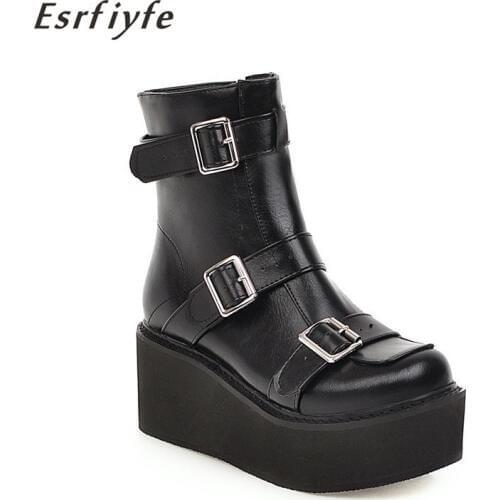 ESRFIYFE 2020 New Women Buckle Strap Platform Wedges Ankle Boots Zipper Round Toe Booties Autumn Winter Casual Shoes Size 34-46
