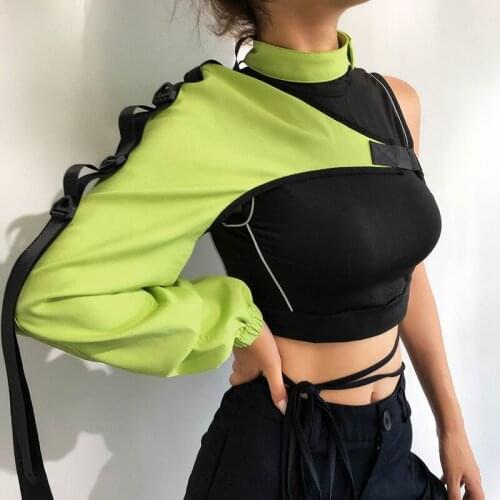 Women Solid Color Cropped Tops Long Sleeve O-neck Off Shoulder Vest with Buckle for Summer