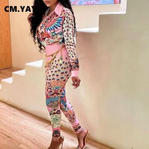 CM.YAYA Women Pants Suits Print Shirts Tops + Pencil Pants Two 2 Piece Sets Office Lady Fashion Outfits Autumn Clothing 2021