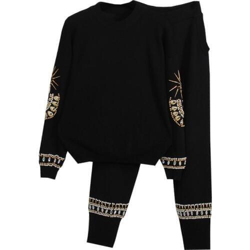 Autumn Winter Women Two Piece Set Knitted Beading Sequined Pullover Sweater And Pants Suit Casual Outfits 2 Piece Set Tracksuit