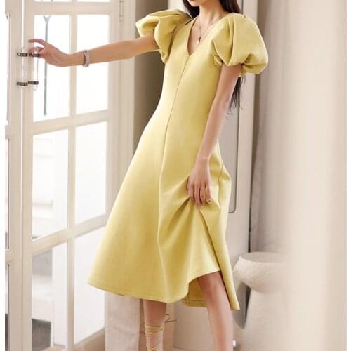 New light yellow V-neck womens long bubble sleeves French waist A-line dress vestidos largos de verano para mujer 2020