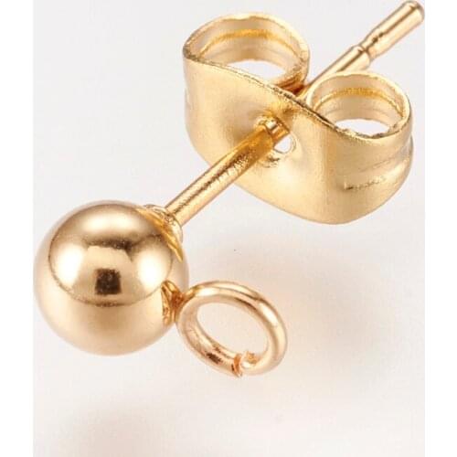 100pcs 304 Stainless Steel Stud Earring Findings with Loop and Ear Nut/Earring Backs Golden 15x7mm Ball: 4mm Pin: 0.7mm