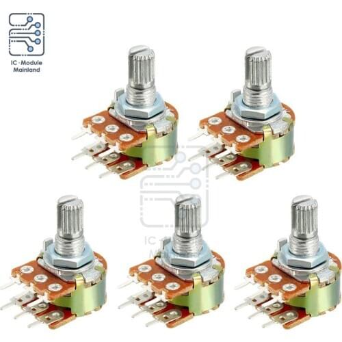 5PCS WH148 1K 5K 10K 50K 100K 500K 1M Ohm 15mm 6Pin Shaft Amplifier Dual Linear Taper Rotary Potentiometer Resistors for Arduino