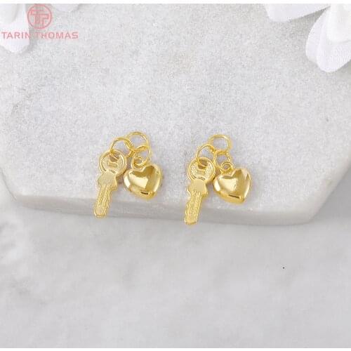 4PCS 4x24MM 24K Gold Color Plated Brass Heart and Key Charms Pendants High Quality Diy Jewelry Accessories