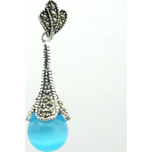 925 Sterling Silver Natural Blue Opal Round Bead Marcasite Necklace Pendant 45*12mm