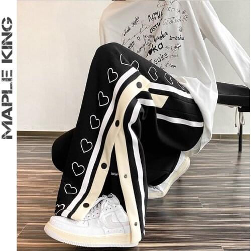 Love Heart Print Buttons Mens Harem Pants Harajuku Wide Leg Unisex Sweatpants Streetwear Hip Hop Loose Jogging Men Trousers 5XL