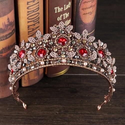 European Baroque Vintage Red Crystal And Pearls Bridal Diadem Pageant Girls Princess Tiara Rhinestone Wedding Crown Hair Jewelry