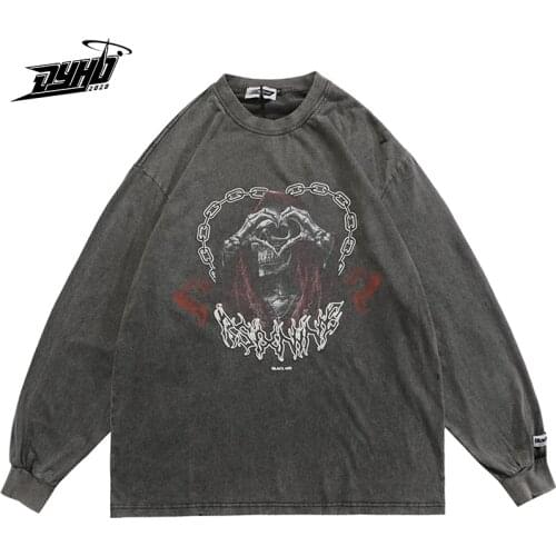 Oversized T Shirt Long Sleeve Skull Print T-Shirt 2021 Hip Hop Sweatshirt Men Streetwear Harajuku Cotton Loose Mens T-shirt Grey
