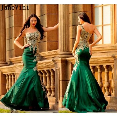 JaneVini Dubai Green Mermaid Party Prom Dresses Satin One Shoulder Beaded Gold Appliques Sweep Train Formal Gowns Ballkleider