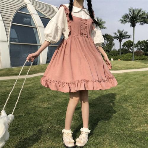 Kawaii Clothing Japanese Fashion Lolita Soft Girl Clothes Teen Overall Dress Women Suspenders Lantern Sleeve Doll Collar Shirt