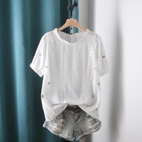 Lamtrip Unique Hollow Floral Embroidery Short Sleeve Shirt Blouse 2021 Summer