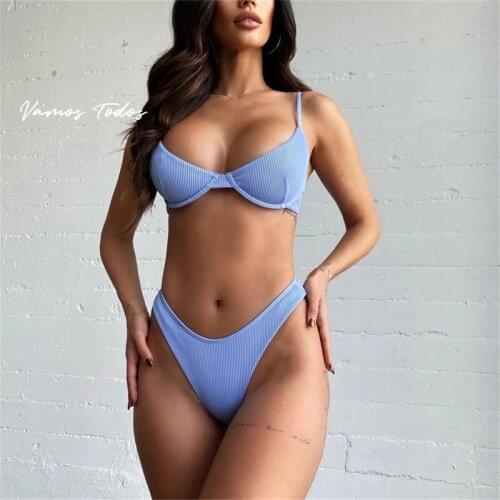 2021 Summer Basic 2 Piece Set Womens Sexy Bathing Suits Spaghetti Strap Solid Micro Bikini Set Underwire Swimsuit Vamos Todos