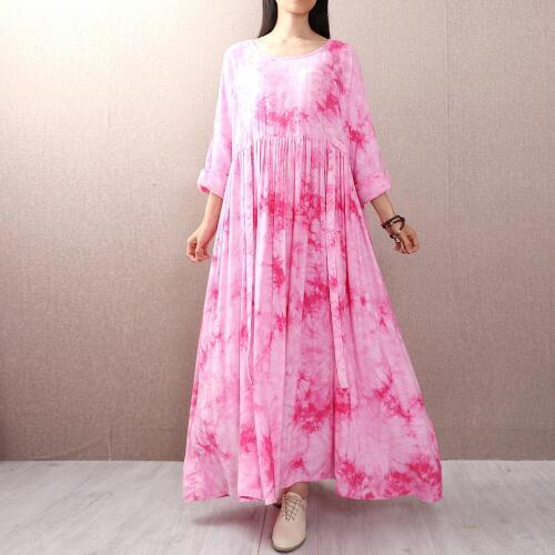 Makuluya Women Spring New Pink Cotton Vintage Dresses Long Sleeved National Loose Female Literary Dresses Summer Autumn L6