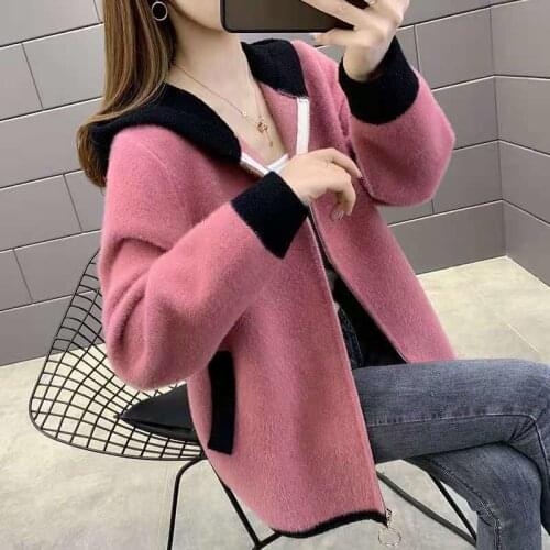 Sweet Hooded Knitted Cardigan Jacket Short Autumn Dress New Mink Like Sweater For Women In 2021 Womens Coat