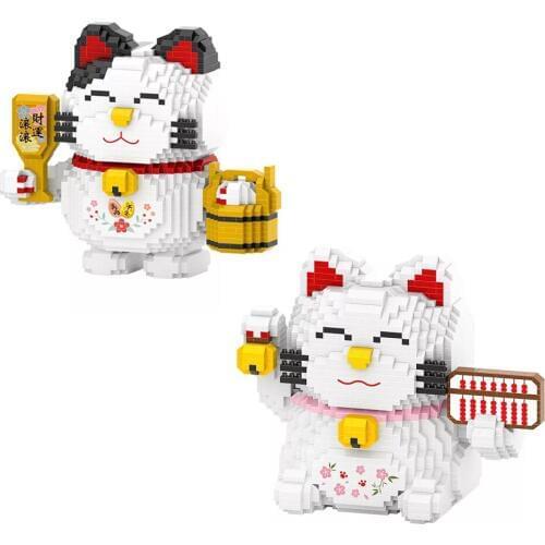 Maneki Neko Mini Blocks Lucky Cat Cartoon Cat Building Bricks Money Smile Fortune Cat Block Toy Figures for Gift HC1019