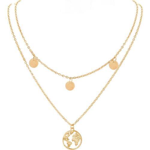 Hot Selling Round Hollow Multi Double Layers World Map Necklace Fashion Outdoor Travel Lover Earth Day Gift Statement Jewelry