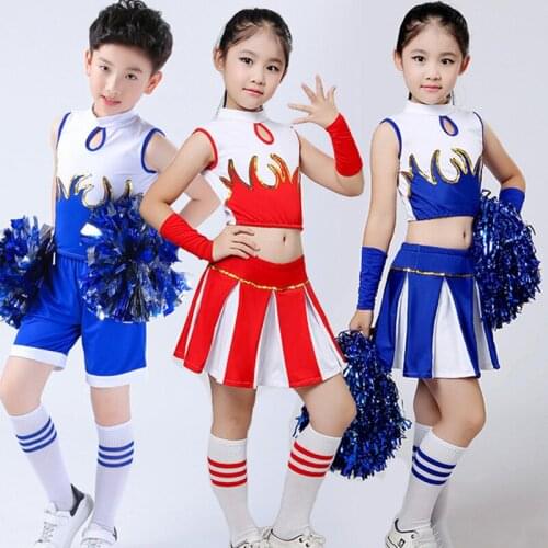 Fashion Cheerleader Costumes For Kid Sleeveless Top Street Dance Costume Suit Girl Gymnastics Team Dancing Skirt Blue And Red