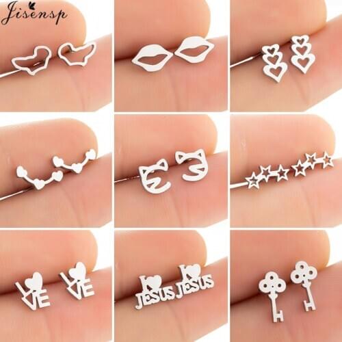 Fashion Jewelry Stainless Steel Earrings for Women Girls Kids Cute Star Heart Lip JESUS Letter Stud Earing Piercing Jewelry Gift