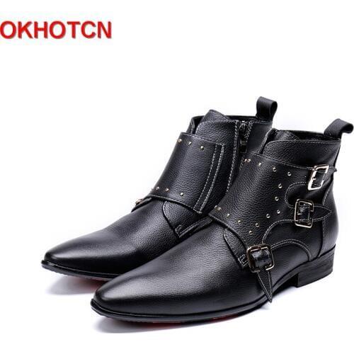 Buckle Strap Mens Casual Winter Shoes Black Big Size 47 Mens Work Boots Spring Autumn Leather Fur Boots With Rivets Side Zipper