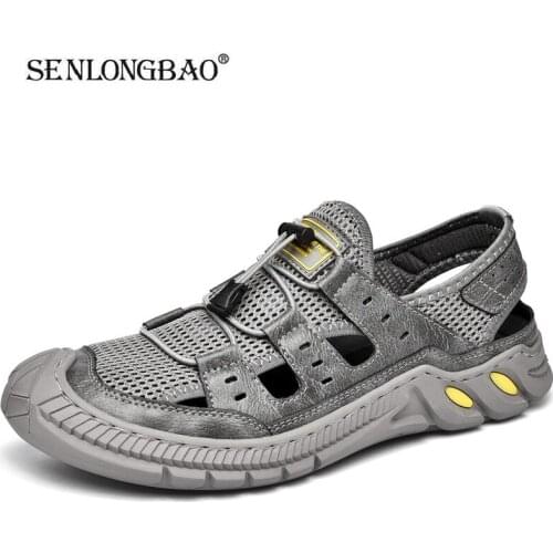 2021 New Summer Leather Men Sandals Fashion Breathable Mesh Outdoor Beach Sandals Comfortable Wading Shoes Casual Shoes Size 46