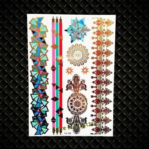 New Glitter Flash Henna Flower Fake Temporary Removable Tattoo Stickers 21x15CM Diamond Indian Totem Gold Waterproof Hot Tattoos