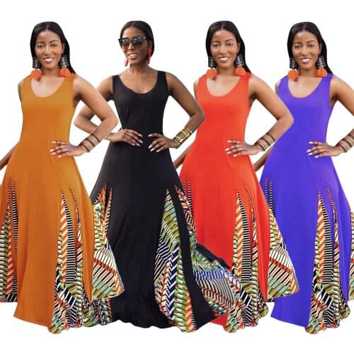 Solid Color Stitching Long Dress Bohemian Style Round Neck Sundress Geometric Printing Big Swing Casual Dress Ball Gown Dresses