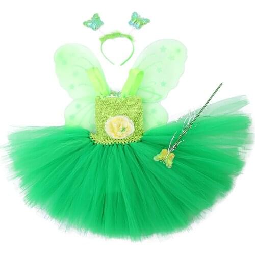 Princess Party Dresses for Little Girls Tutu Dress with Fairy Magic Wand Wing Head-wear Green Color Flower Fairy 1-12Y
