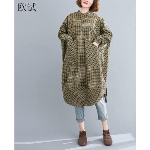 Oversized plaid Shirt Dress Women Long Sleeve Cotton Linen ladies Dresses Vintage Loose oversized shirts korean Dress 2021 New