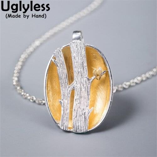 Uglyless Handmade 925 Silver Bowl Hollow Trees Pendants for Women Glossy Silver Oriental Poetry LOVE Birds Necklaces NO Chains