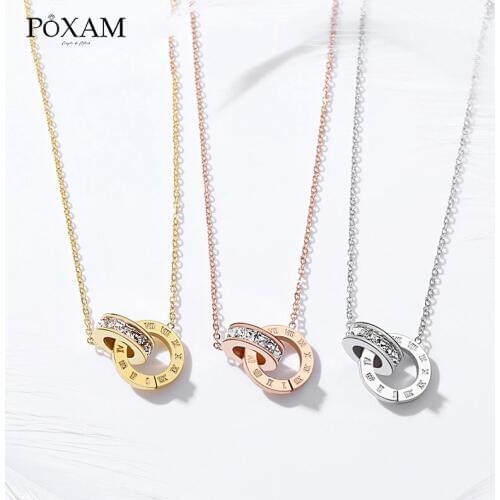POXAM Luxury Elegant Crystal Choker Fashion Roman Digital Stainless Steel Gold Silver Color Pendant Necklaces for Women Jewelry