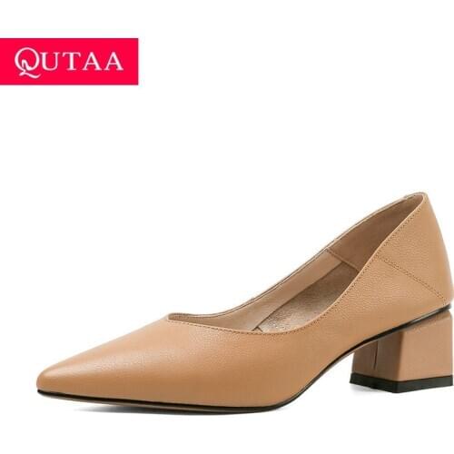 QUTAA 2021 Pointed Toe All Match Women Pumps Soft Cow Leather Shallow Single Shoes Square High Heel Ladies Shoes Size 34-39