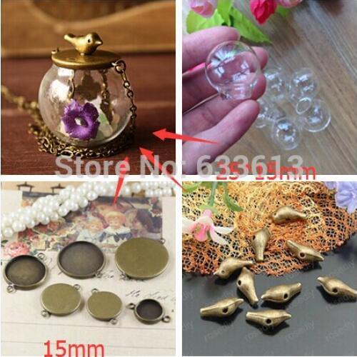 SALE Free ship!!! 50sets/lot 25x15mm(opening) glass globe with base with bird set glass bottle glass dome cover vials pendant