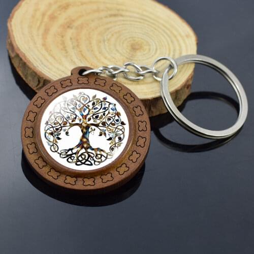 Retro Wooden Keyrings Celtic Tree of Life Photo Glass Cabochon Keychain Holder Key Rings Charm Jewelry