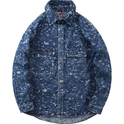 Mosaic Printed Denim shirt Mens Fashion Washed Vintage Denim Hip Hop Streetwear shirts clothes