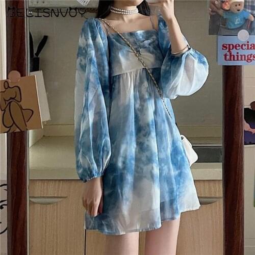Backless Sexy Chiffon Dress Summer Slip Lantern Sleeve Mini Dress Off Shoulder Beach Sundress Women Blue Tie dye Fairy Dress