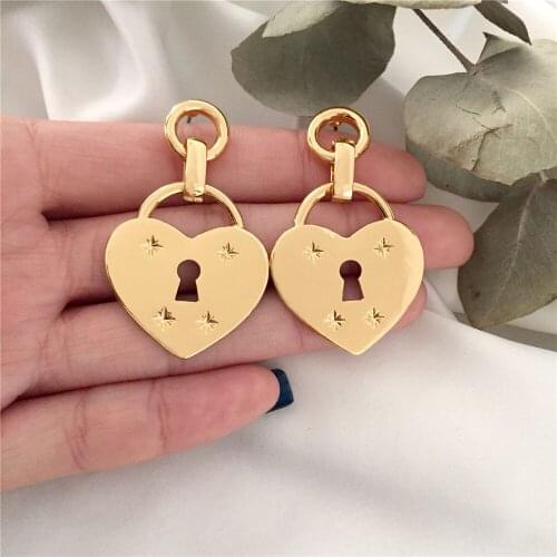 Trendy Gold Color Plating Heart Punch Lock Charm Medium Drop Earrings For Women Girl Elegant Girly Dainty Jewelry Accessory