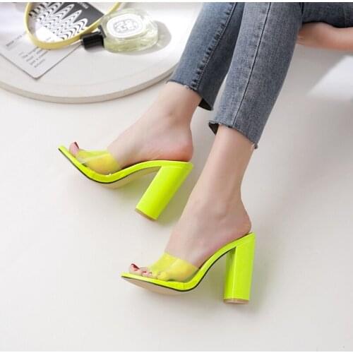Fashion High Heels Mules Women Flip Flops Braided Jelly Sandals Woman transparent Shoes Square Open Toe Party dress Pumps