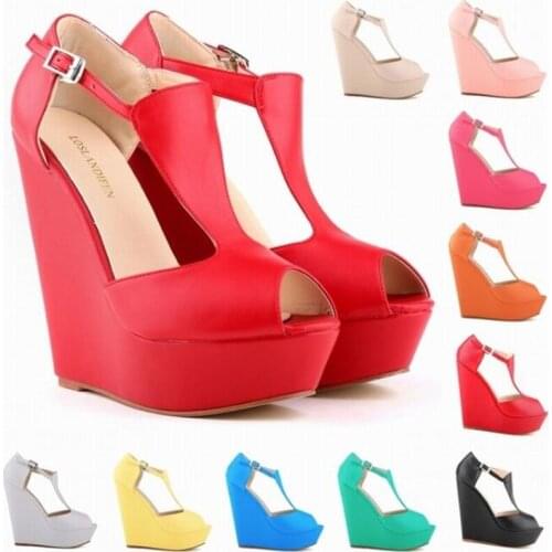 Women pumps leather high heels PU women shoes Wedges Peep Toe 14CM sandals Wedding Dress Shoes