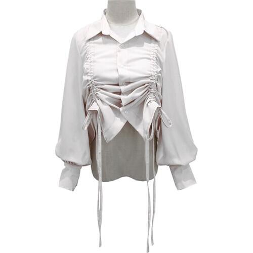 PERHAPS U Women Long Full Sleeve Turn Down Neck Office Lady Solid Blue White Top Blouse Shirt B0209