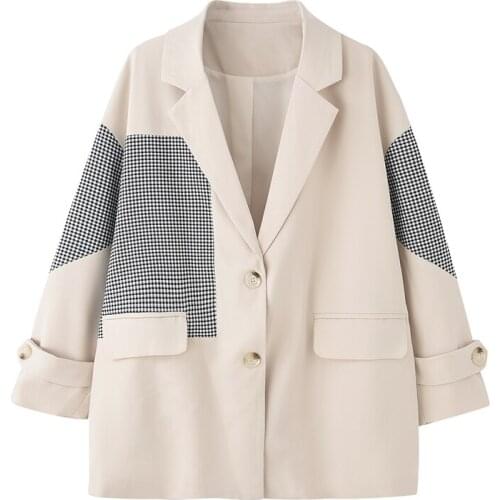 Women Blazers Single Breasted Oversize Loose Splice Plaid Casual Suit Jacket Lady Elegant Korean Style Spring Autumn Coat 0909
